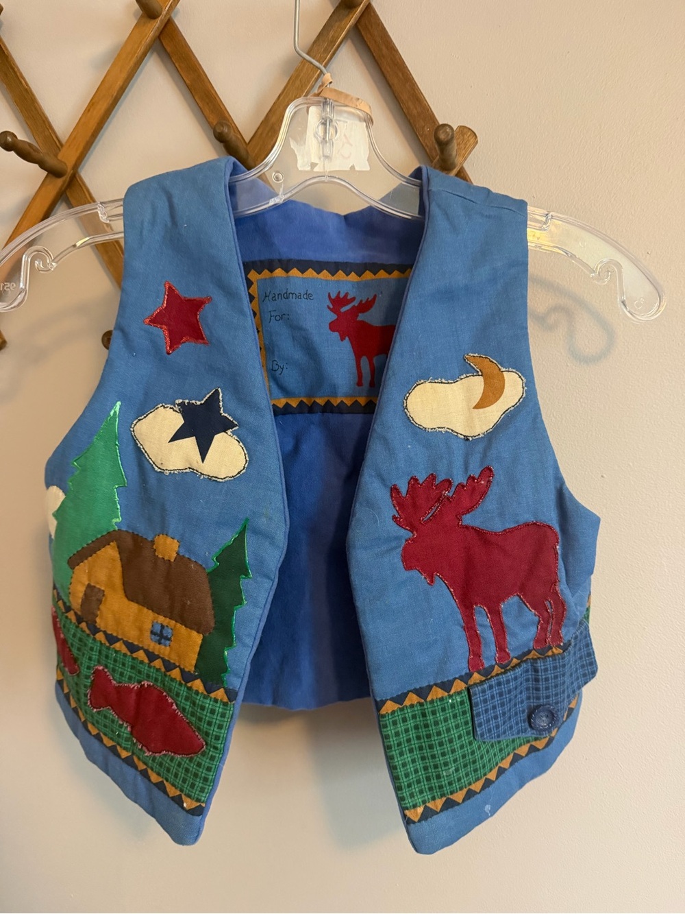 Handmade Blue Cottagecore Moose Novelty Applique Vest Kids 4T